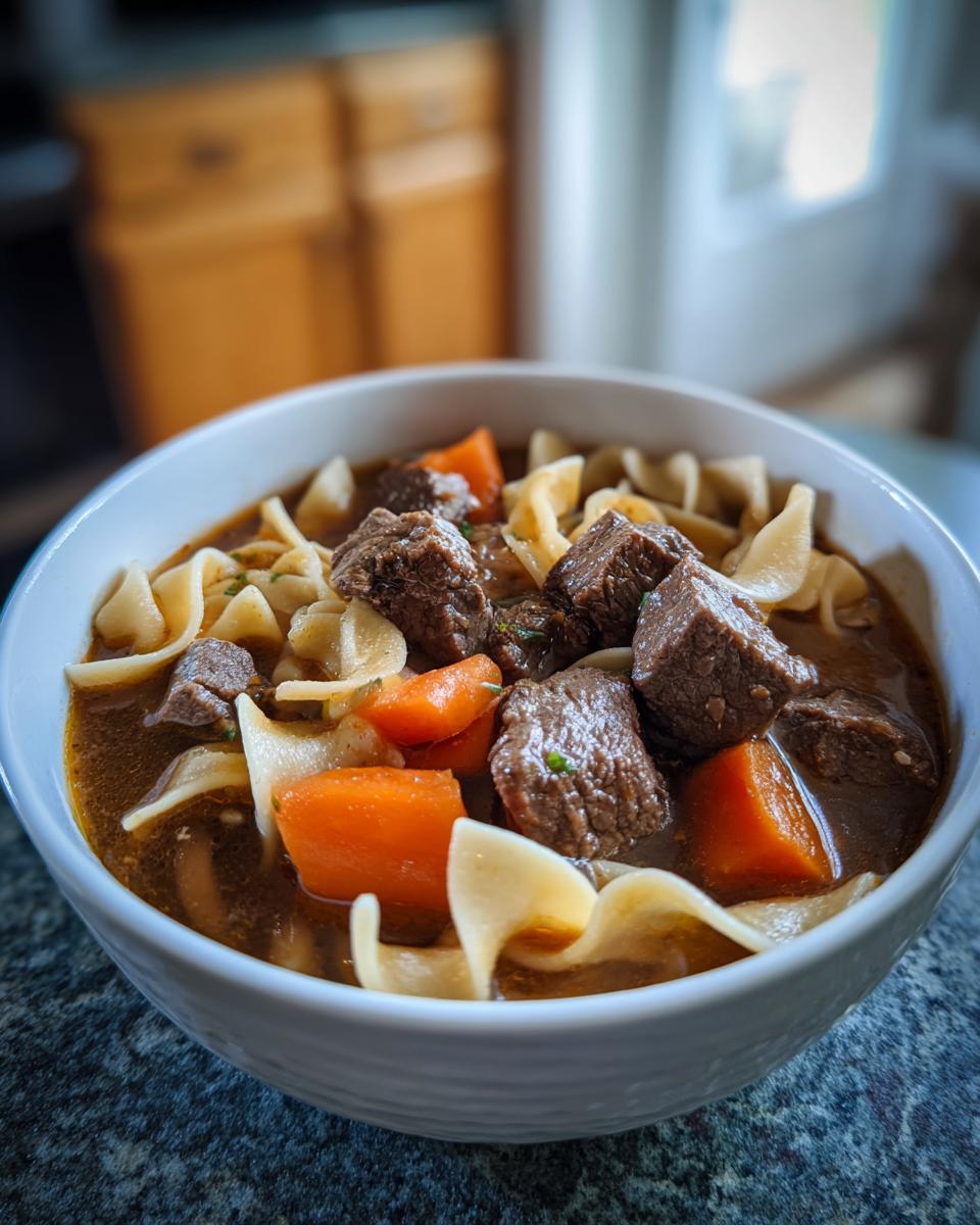 Close-up of a white bowl filled with rich beef noodle soup, featuring chunks of beef, bright carrots, and egg noodles.