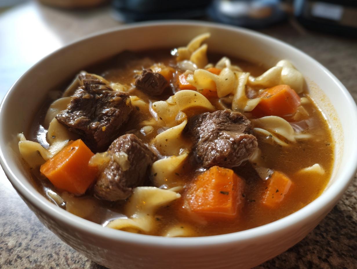Close-up of a white bowl filled with rich beef noodle soup, featuring chunks of beef, carrots, and egg noodles.