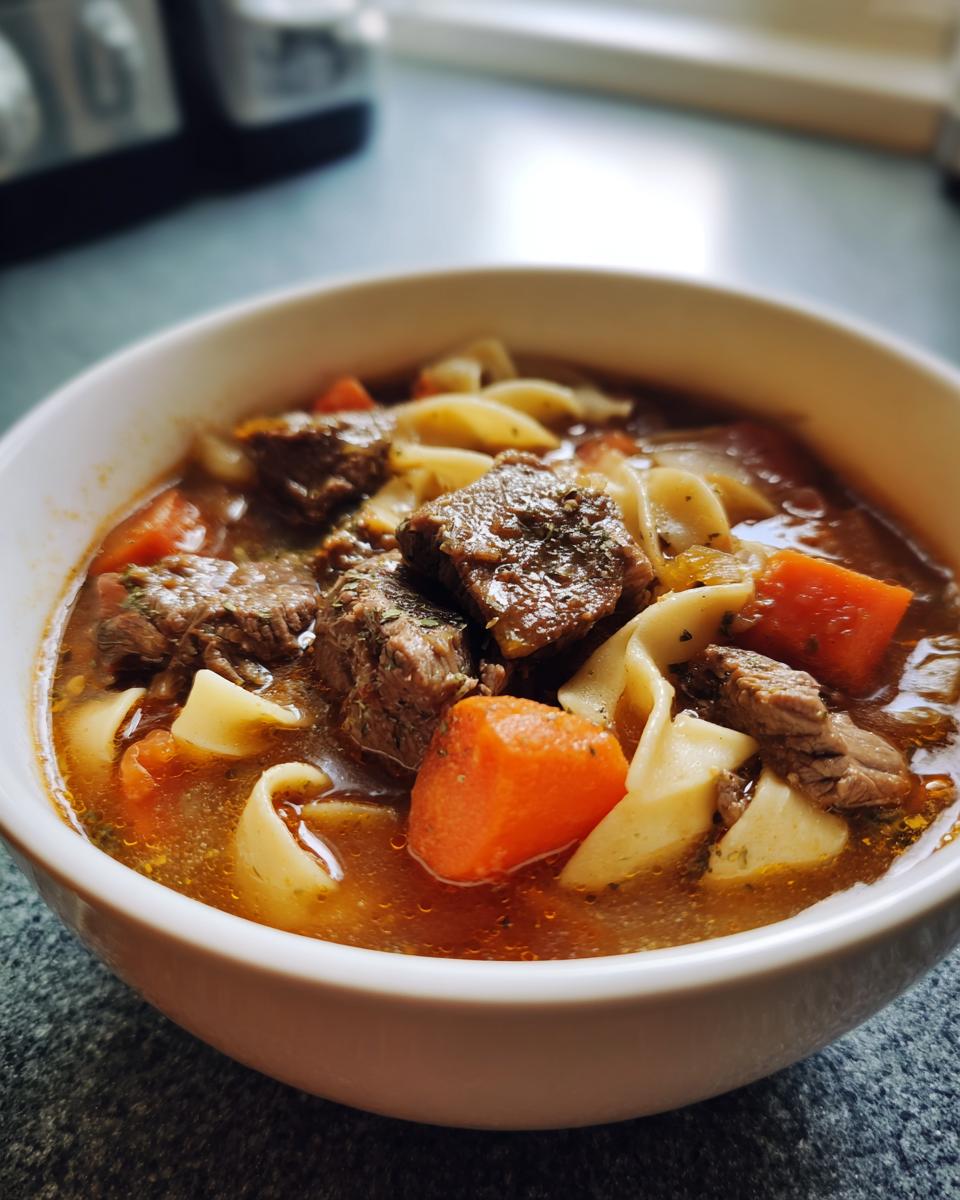 Close-up of a white bowl filled with rich beef noodle soup, featuring chunks of beef, carrots, and wide egg noodles.