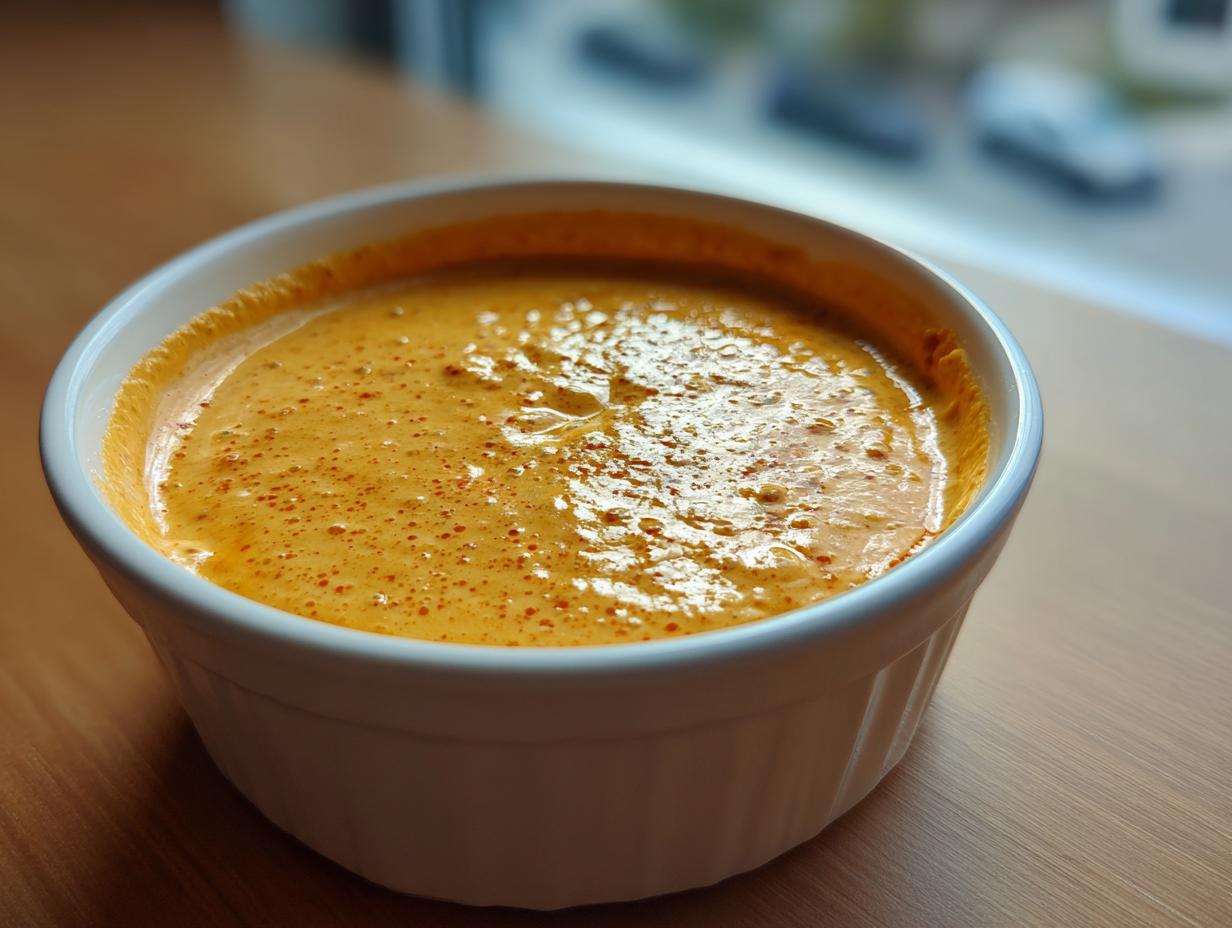Close-up of a creamy, orange-hued beer cheese dip with small spice specks, served warm in a white ramekin.