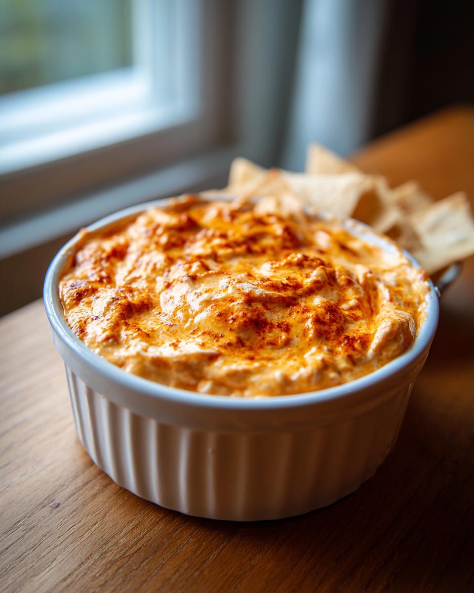 Close-up of a warm, orange beer cheese dip topped with paprika in a white ramekin, served with tortilla chips.