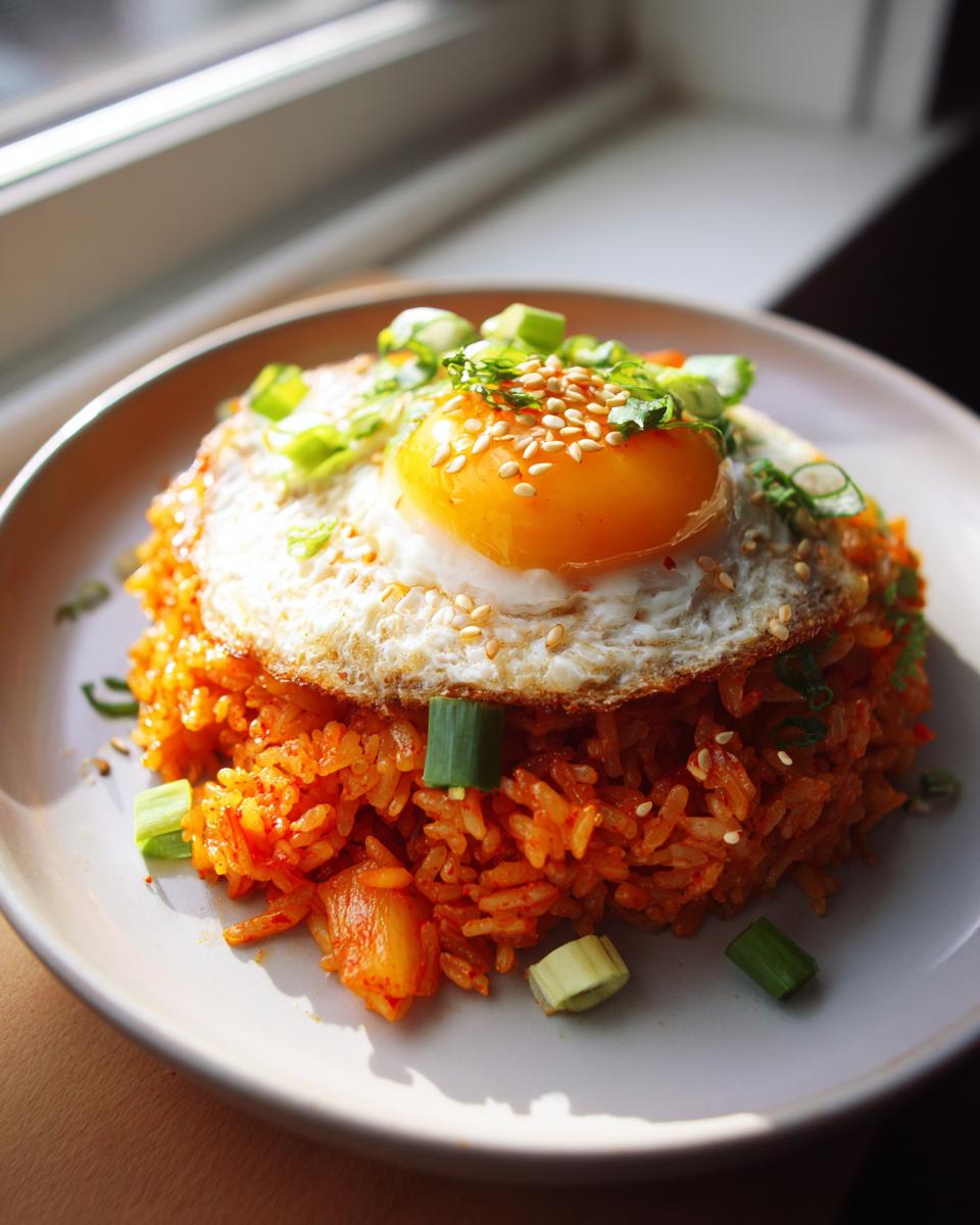 A perfectly plated mound of vibrant red kimchi fried rice topped with a sunny-side-up egg, sesame seeds, and green onions.