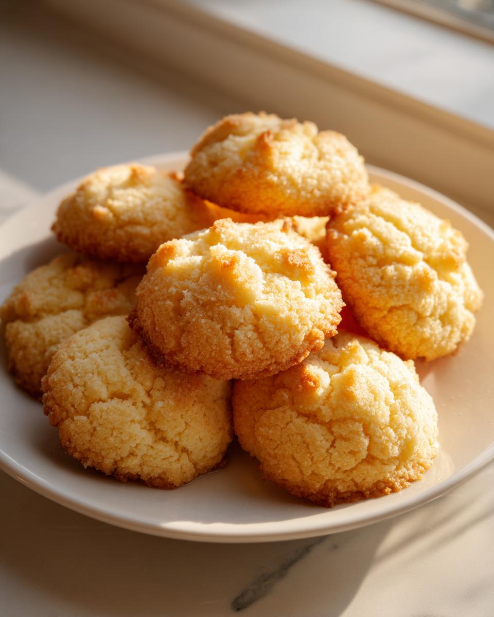A close-up of several golden, textured 3-ingredient butter cookies piled on a light-colored plate.