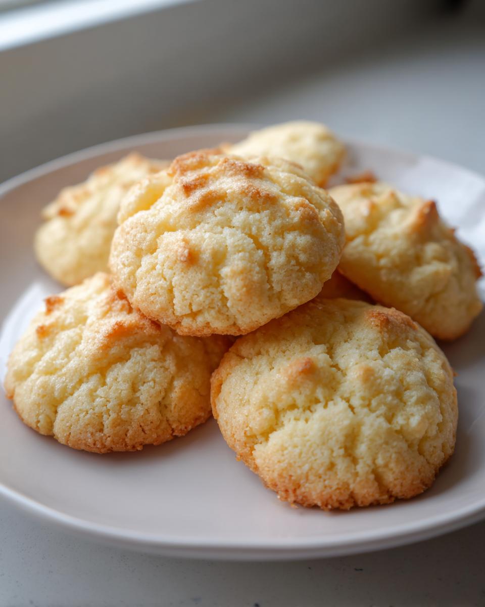 A stack of golden brown, melt-in-mouth 3-ingredient butter cookies piled on a light-colored plate.