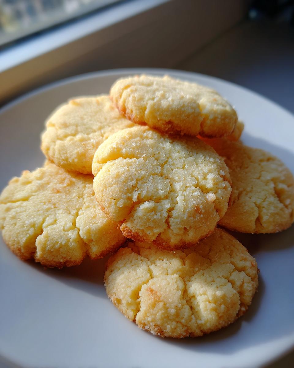 A small stack of golden, sugary 3-ingredient butter cookies resting on a white plate near a window.