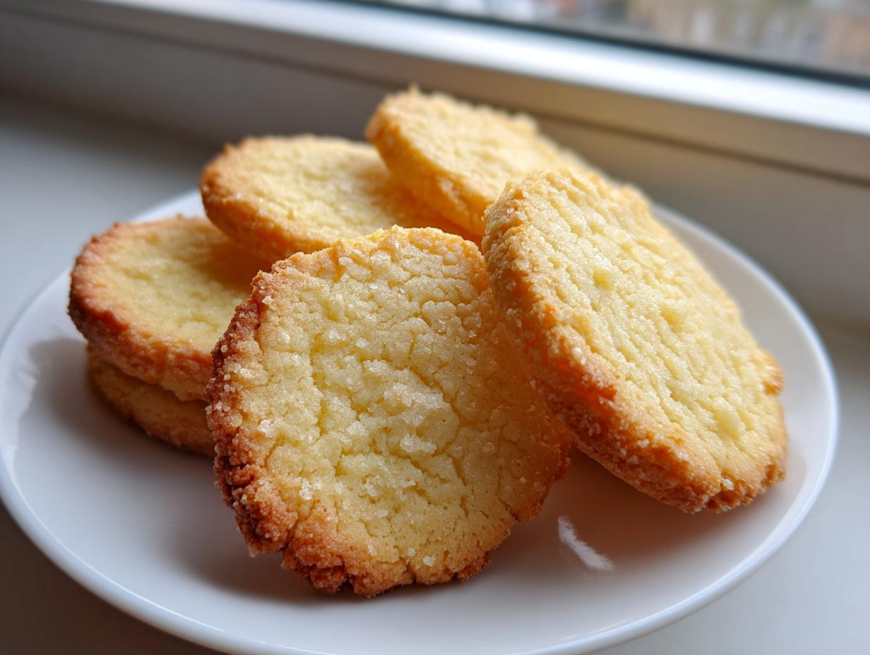 Close-up of several golden 3-ingredient butter cookies stacked slightly on a white plate near a window.