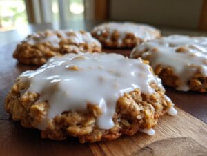 Close-up of several chewy iced oatmeal cookies topped with thick white glaze, resting on a wooden surface.