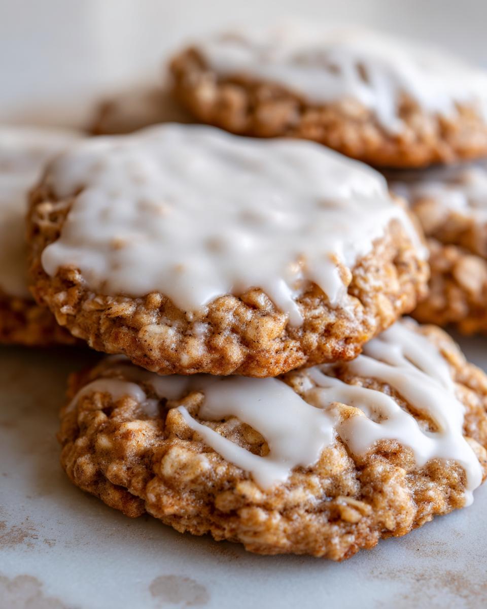 A close-up stack of delicious iced oatmeal cookies showing the texture of the oats and thick white glaze.