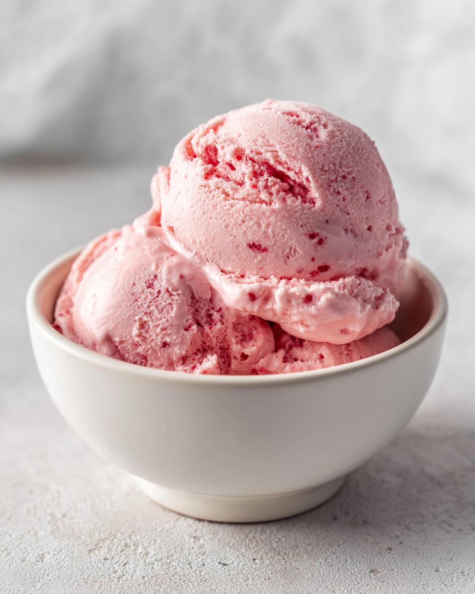 Close-up of three scoops of pink strawberry ice cream served in a small white bowl.