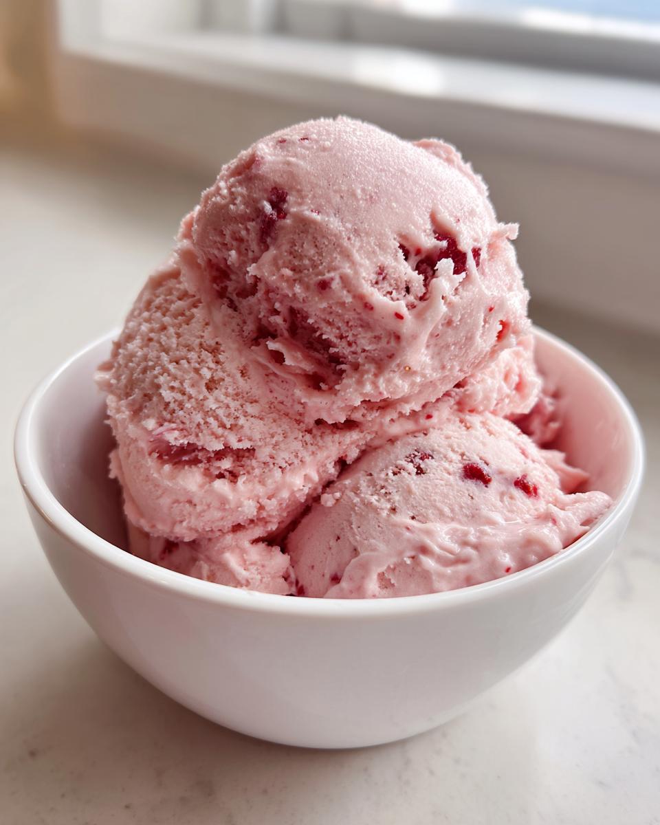 Three scoops of pink strawberry ice cream with visible fruit pieces served in a small white bowl.
