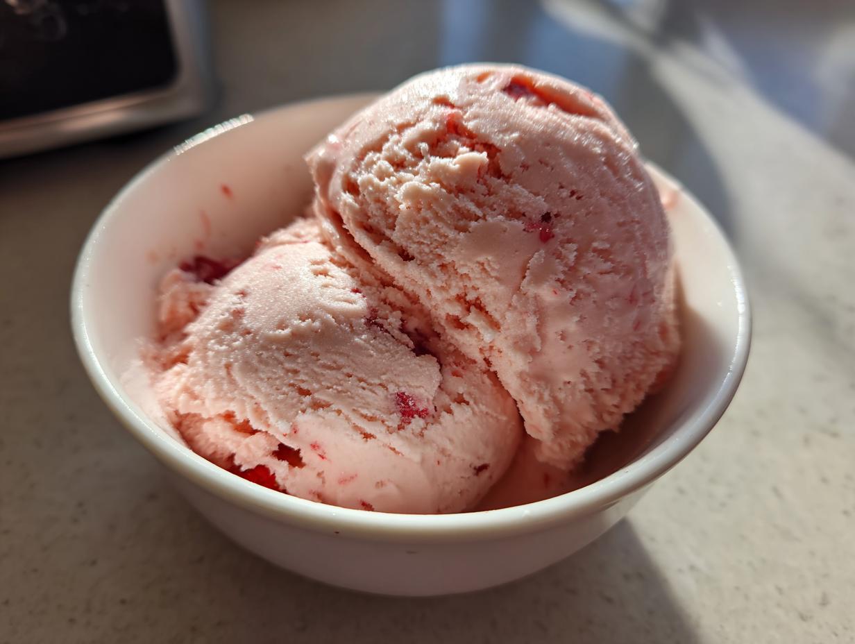 Two scoops of creamy, pink strawberry ice cream with visible fruit pieces served in a small white bowl.