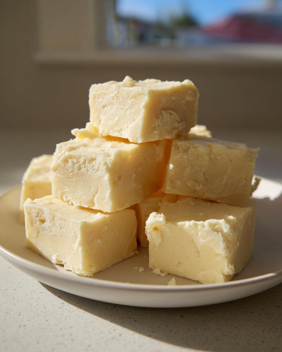 A stack of creamy, pale yellow white chocolate fudge squares piled on a light plate near a window.
