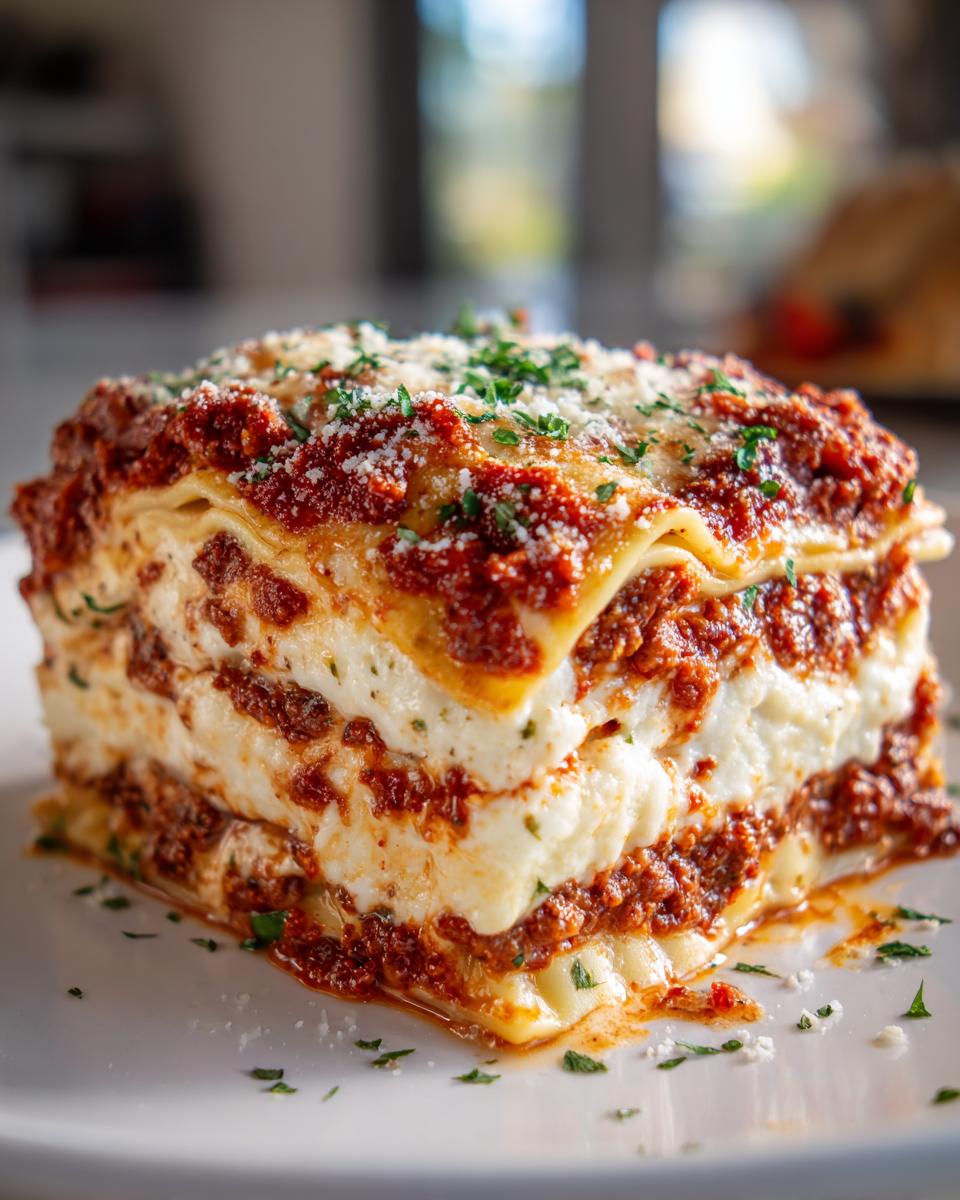 A rich, layered square of baked ravioli casserole topped with meat sauce, melted cheese, and parsley.