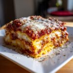 A thick, cheesy slice of baked ravioli layered with rich tomato sauce and parmesan cheese.