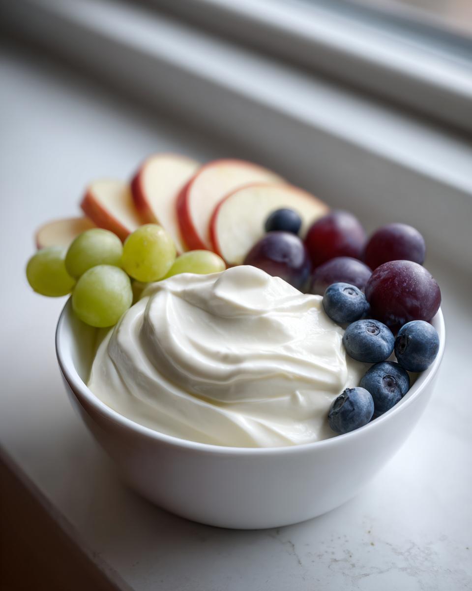 A white bowl filled with creamy fruit dip, garnished with blueberries, red grapes, and sliced apples.