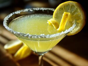 Close-up of a bright yellow lemon drop cocktail in a sugar-rimmed martini glass, garnished with a lemon wheel and twist.
