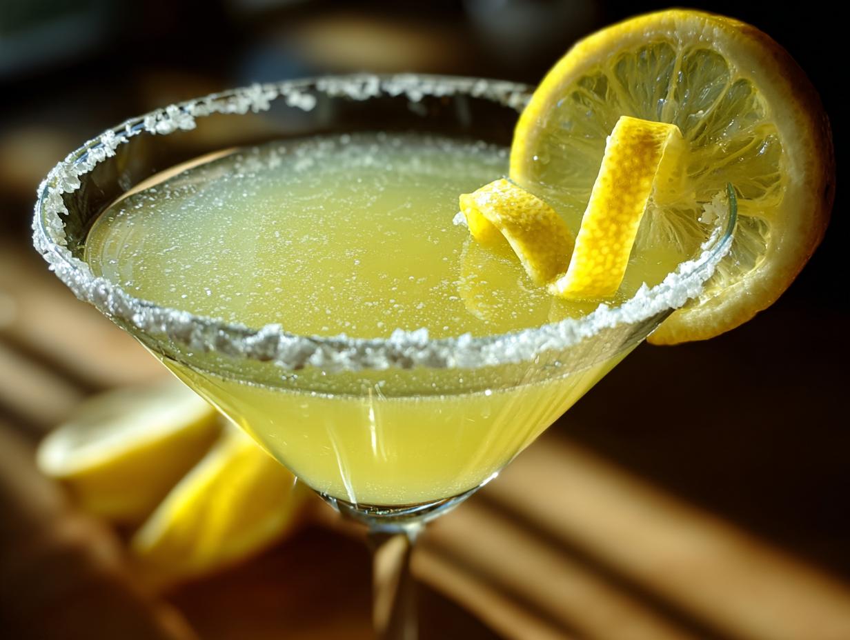 Close-up of a bright yellow lemon drop cocktail in a sugar-rimmed martini glass, garnished with a lemon wheel and twist.
