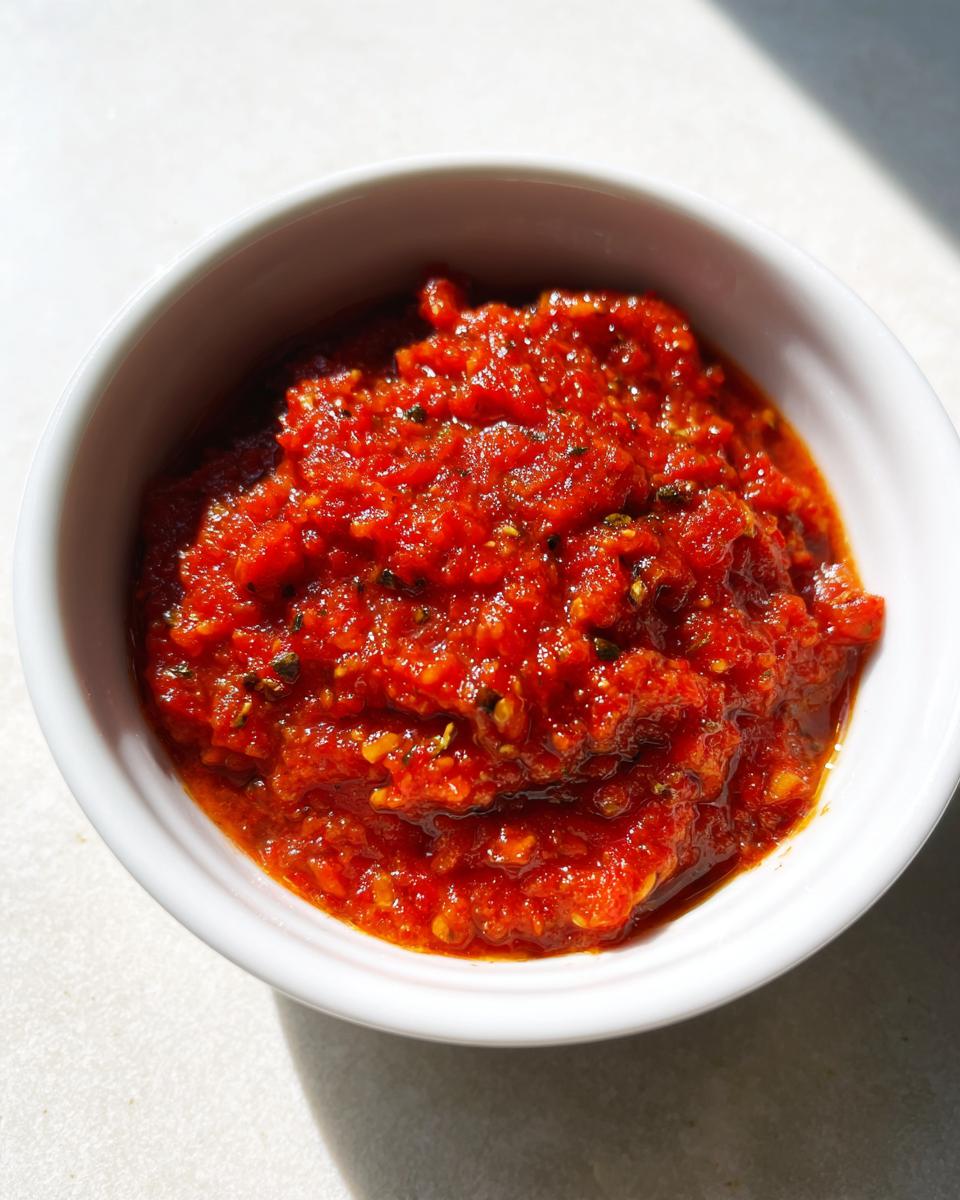 Close-up of rich, chunky, homemade pizza sauce in a small white bowl, glistening under natural light.