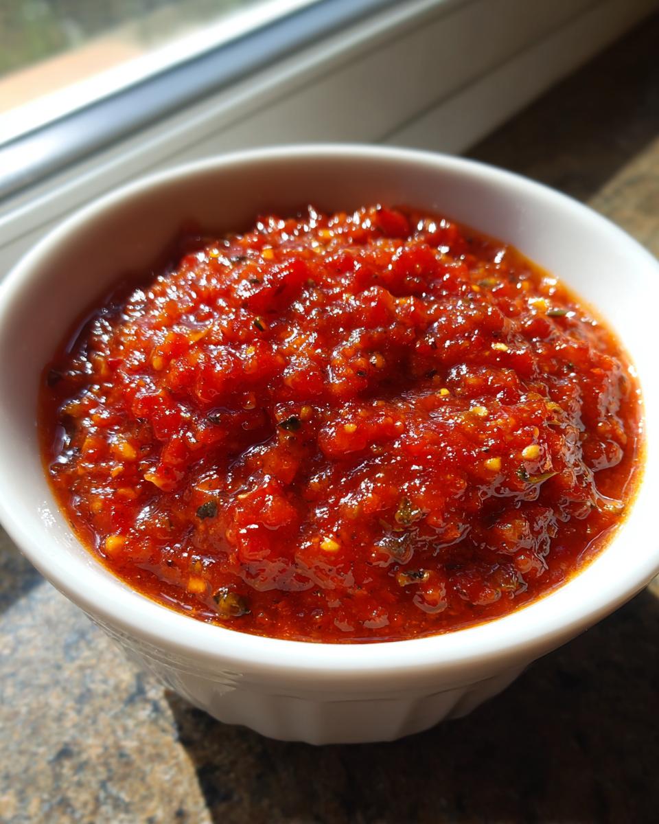 Close-up of chunky, bright red homemade pizza sauce seasoned with herbs, served in a small white bowl.