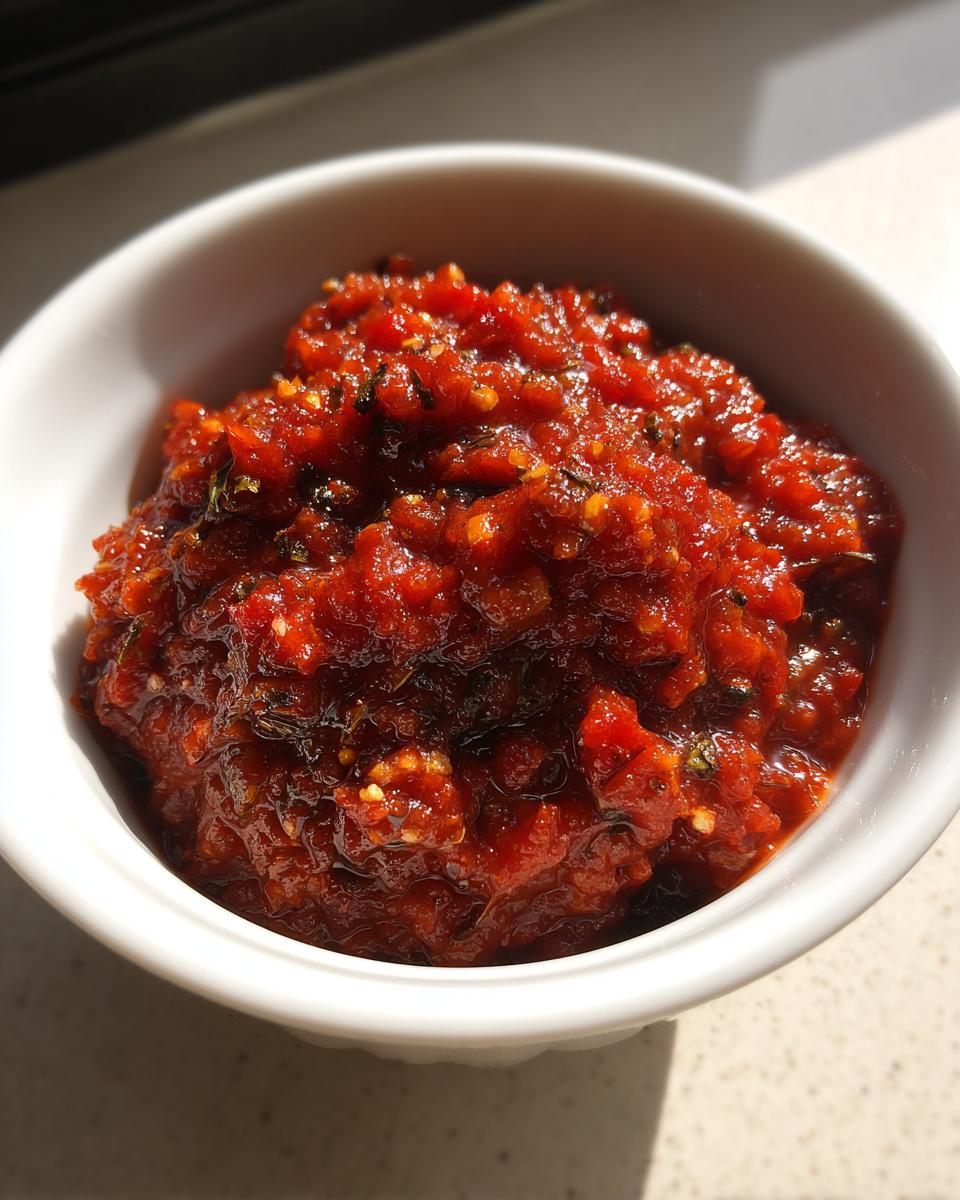 A close-up view of thick, vibrant red pizza sauce seasoned with herbs, served in a small white bowl.