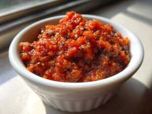 Close-up of vibrant, chunky homemade pizza sauce seasoned with herbs in a small white bowl.