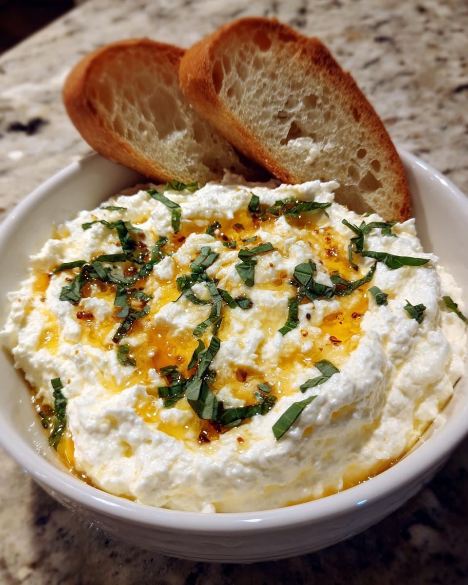 A white bowl filled with creamy ricotta dip, drizzled with honey and topped with fresh basil, served with two slices of toasted bread.