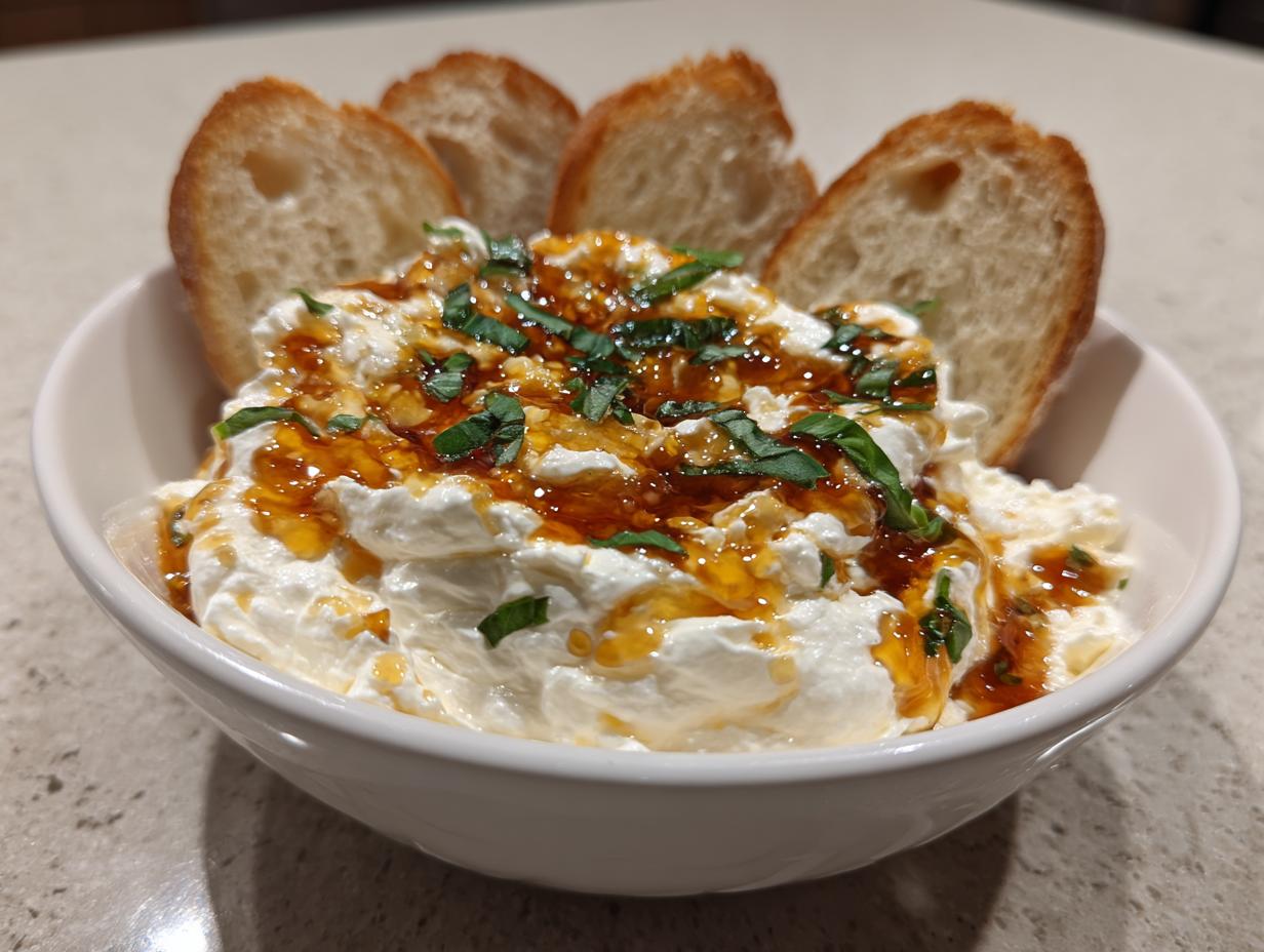 A white bowl filled with creamy ricotta dip, drizzled with honey and topped with fresh basil, served with toasted baguette slices.