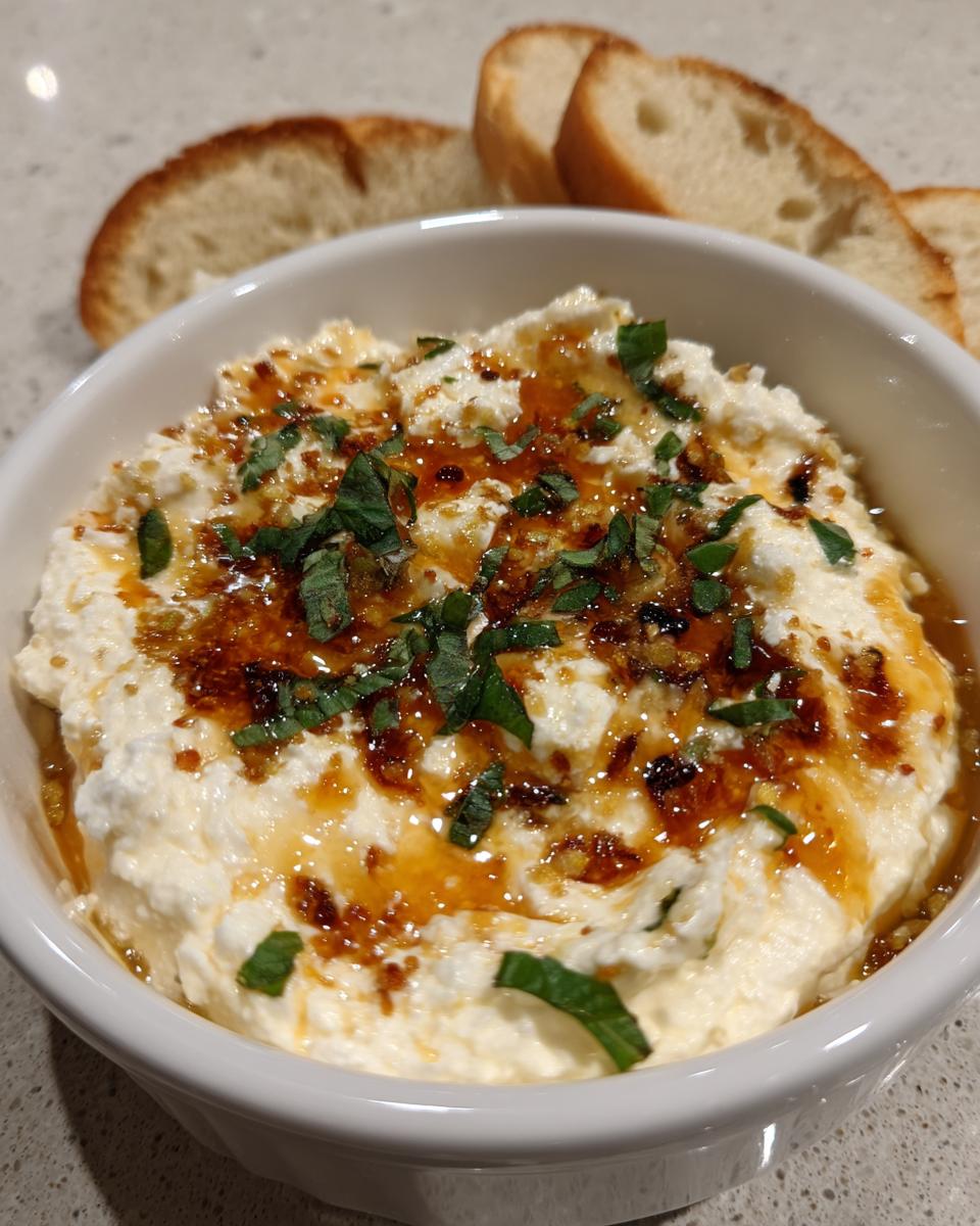 A close-up of creamy ricotta dip topped with a sweet, savory drizzle and fresh green herbs, served with sliced baguette.
