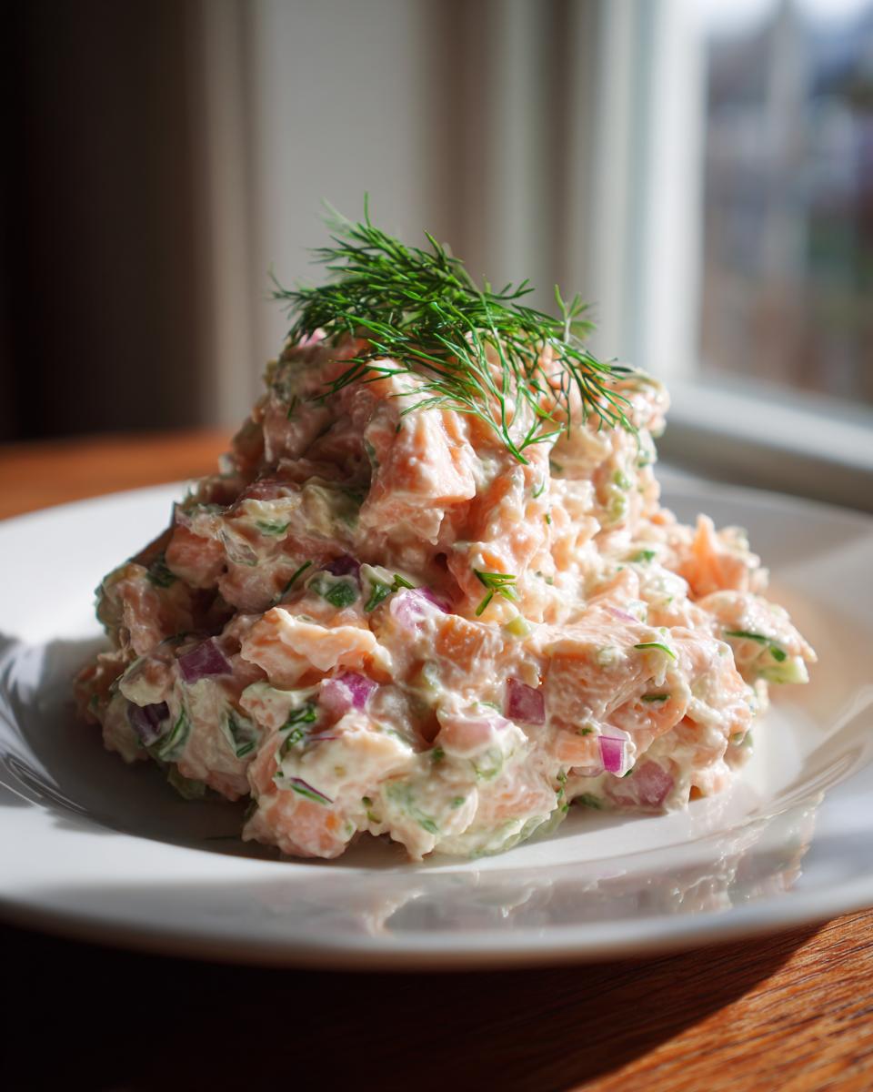 A mound of creamy salmon salad mixed with red onion and herbs, garnished with fresh dill.