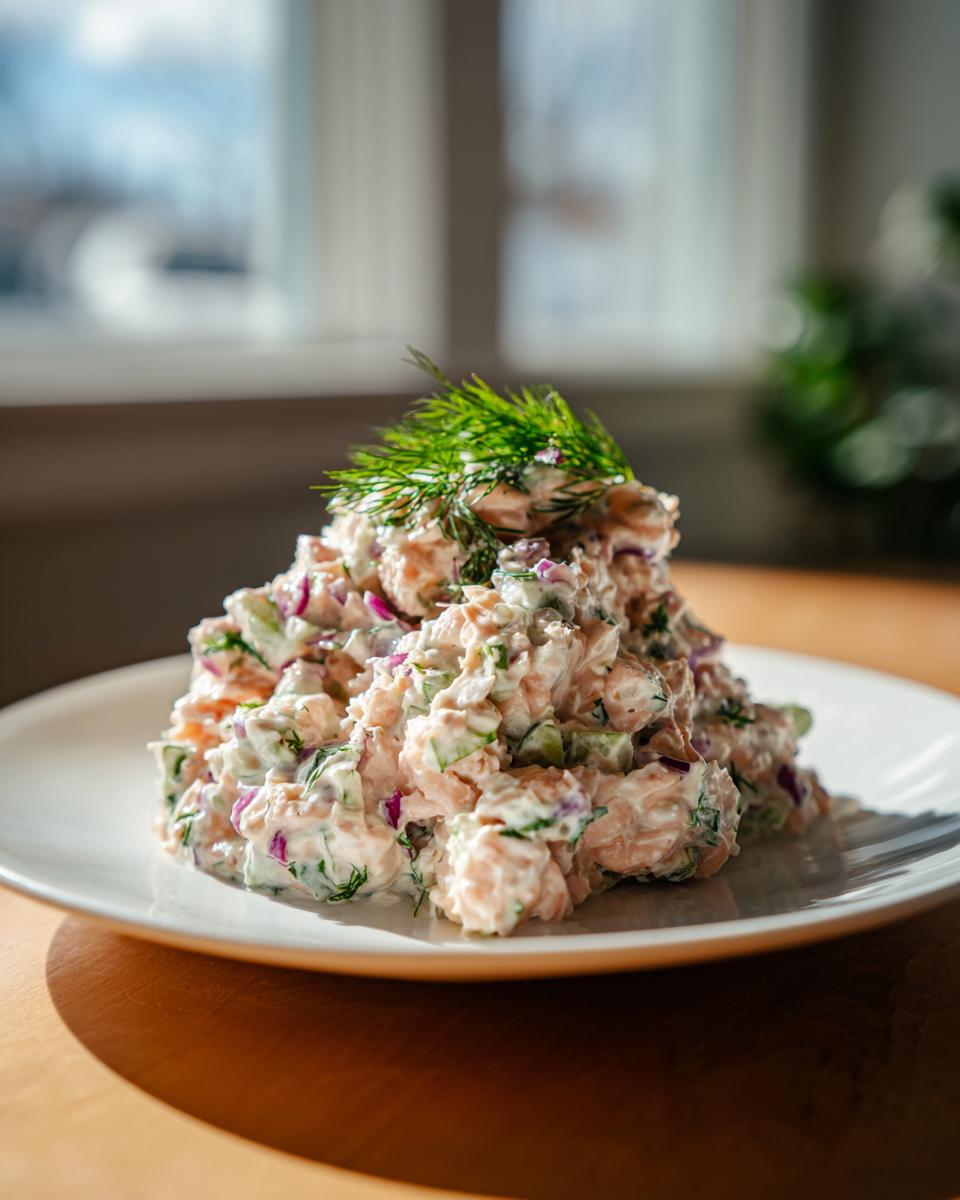 A generous serving of creamy salmon salad mixed with red onion and cucumber, topped with fresh dill.
