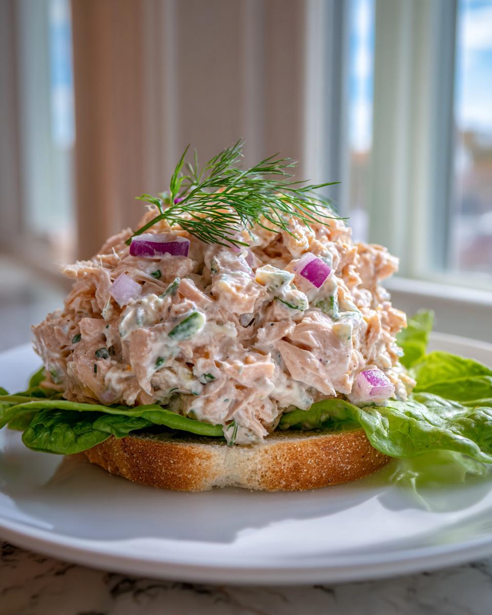 A generous scoop of creamy salmon salad topped with red onion and dill on lettuce over toast.