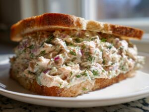 A thick, generously filled salmon salad sandwich on toasted bread, featuring visible dill and red onion.