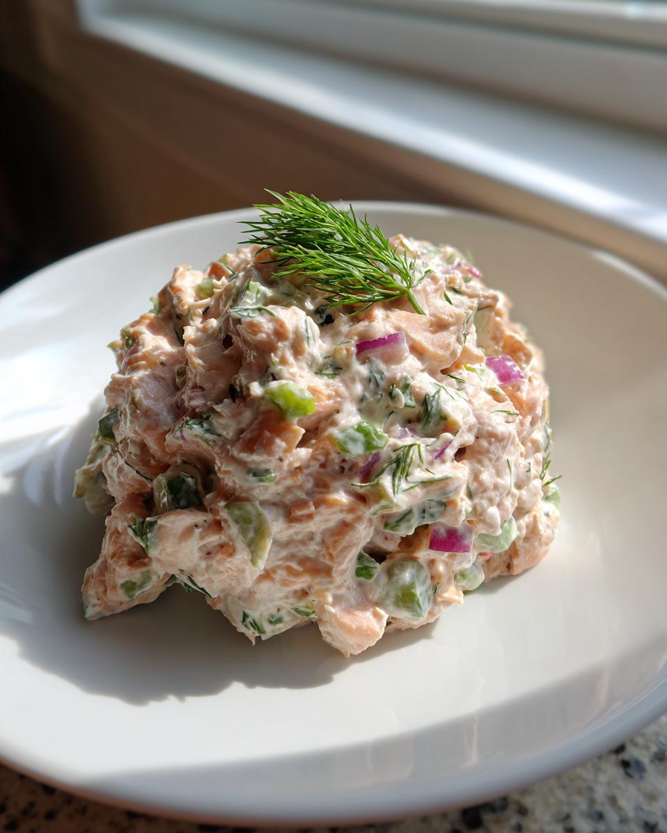 A mound of creamy salmon salad mixed with red onion and celery, topped with fresh dill, served on a white plate.