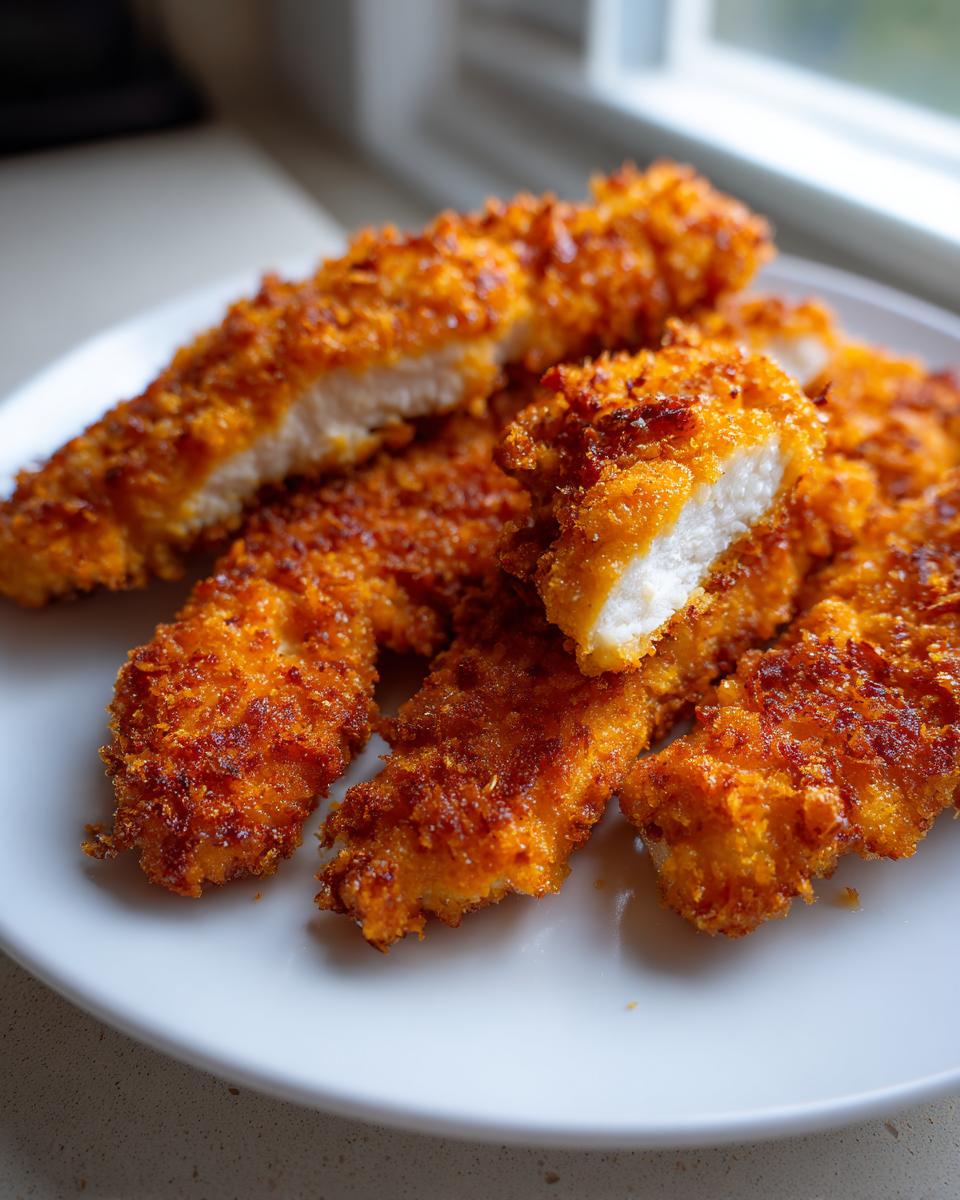 Close-up of golden brown, crispy air fryer chicken tenders, one piece cut open showing the white meat inside.