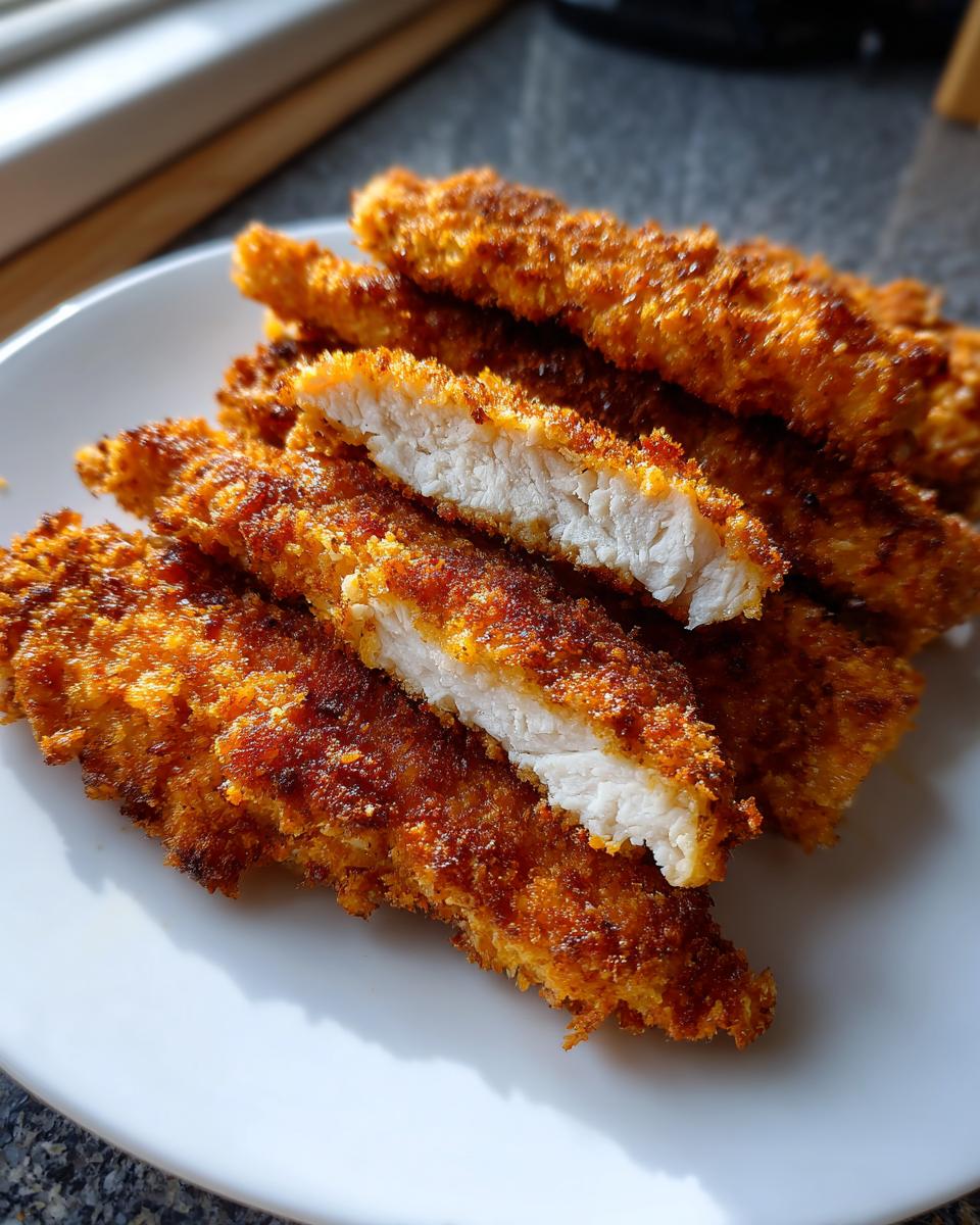 Close-up of golden brown, crispy air fryer chicken tenders, one sliced open showing juicy white meat.
