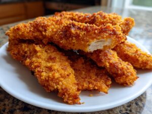 A stack of golden brown, crispy air fryer chicken tenders piled high on a white plate, one piece broken open showing white meat.
