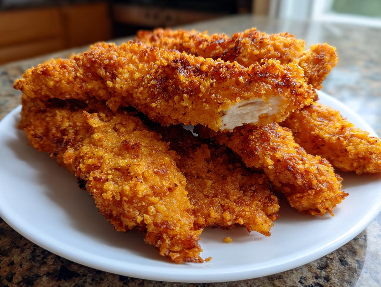 A stack of golden brown, crispy air fryer chicken tenders piled high on a white plate, one piece broken open showing white meat.