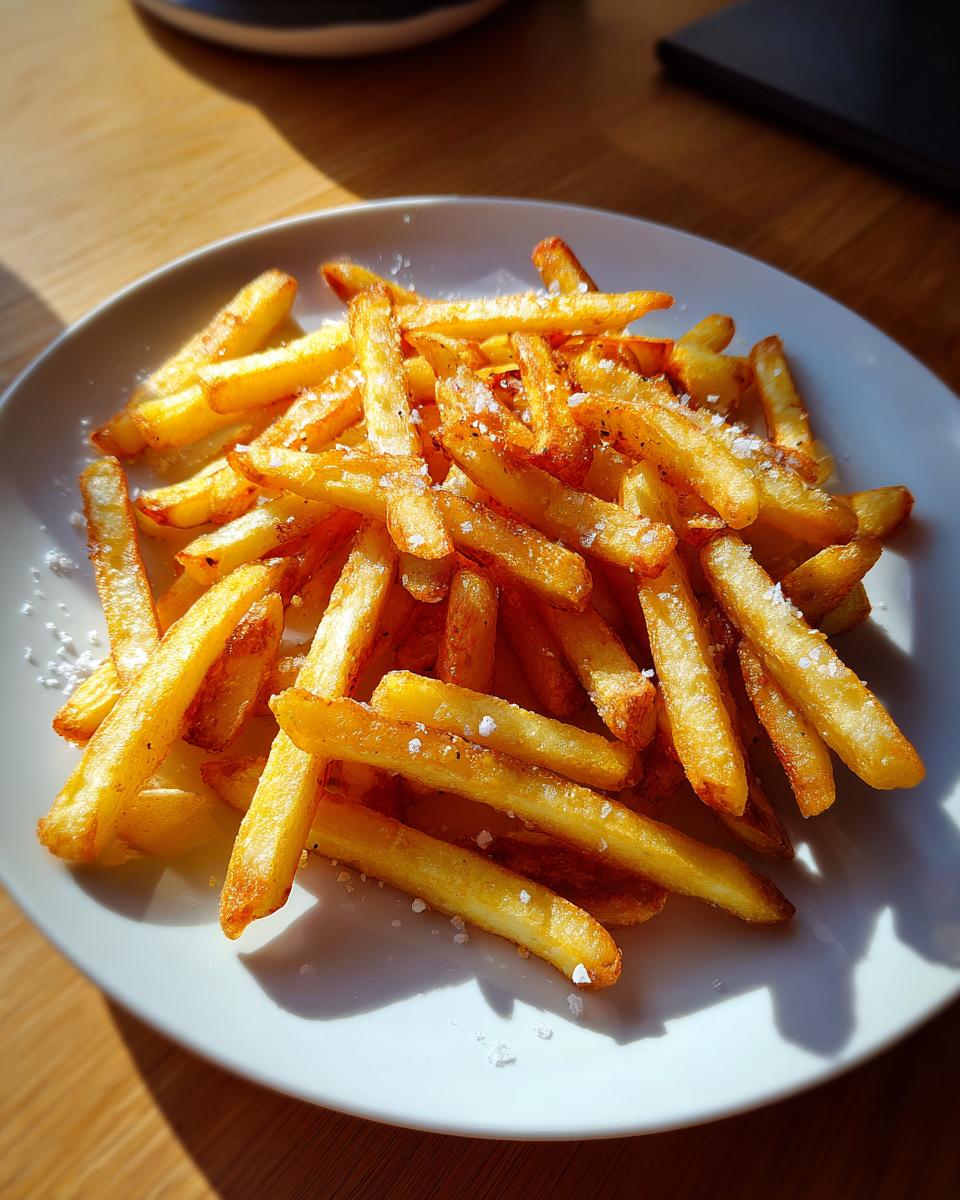 A white plate piled high with golden, crispy air fryer french fries sprinkled with coarse sea salt.