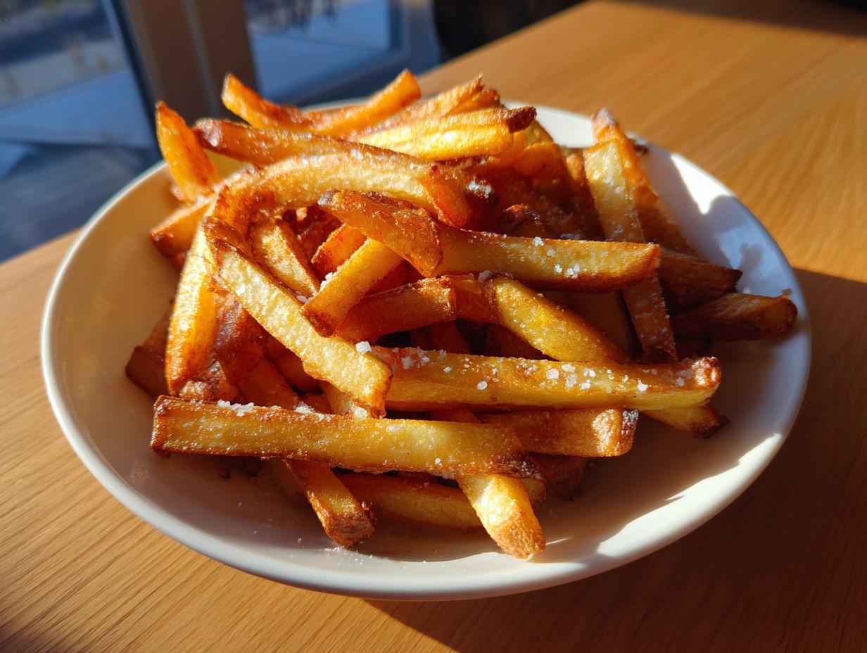 A bowl of perfectly golden, crispy air fryer french fries seasoned with coarse sea salt, sitting on a wooden table.