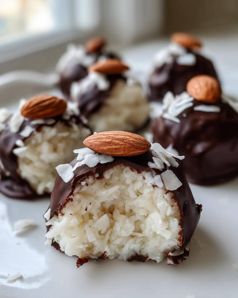 Close-up of a bitten almond joy truffle showing the shredded coconut filling, dipped in chocolate and topped with an almond.