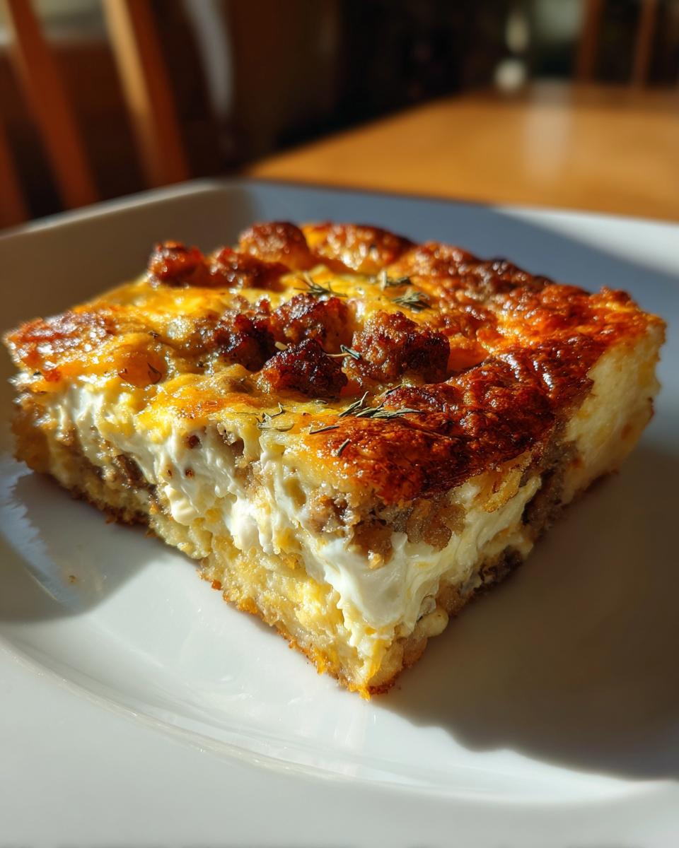 A square slice of rich, cheesy egg bake topped with browned sausage crumbles and herbs, served on a white plate.