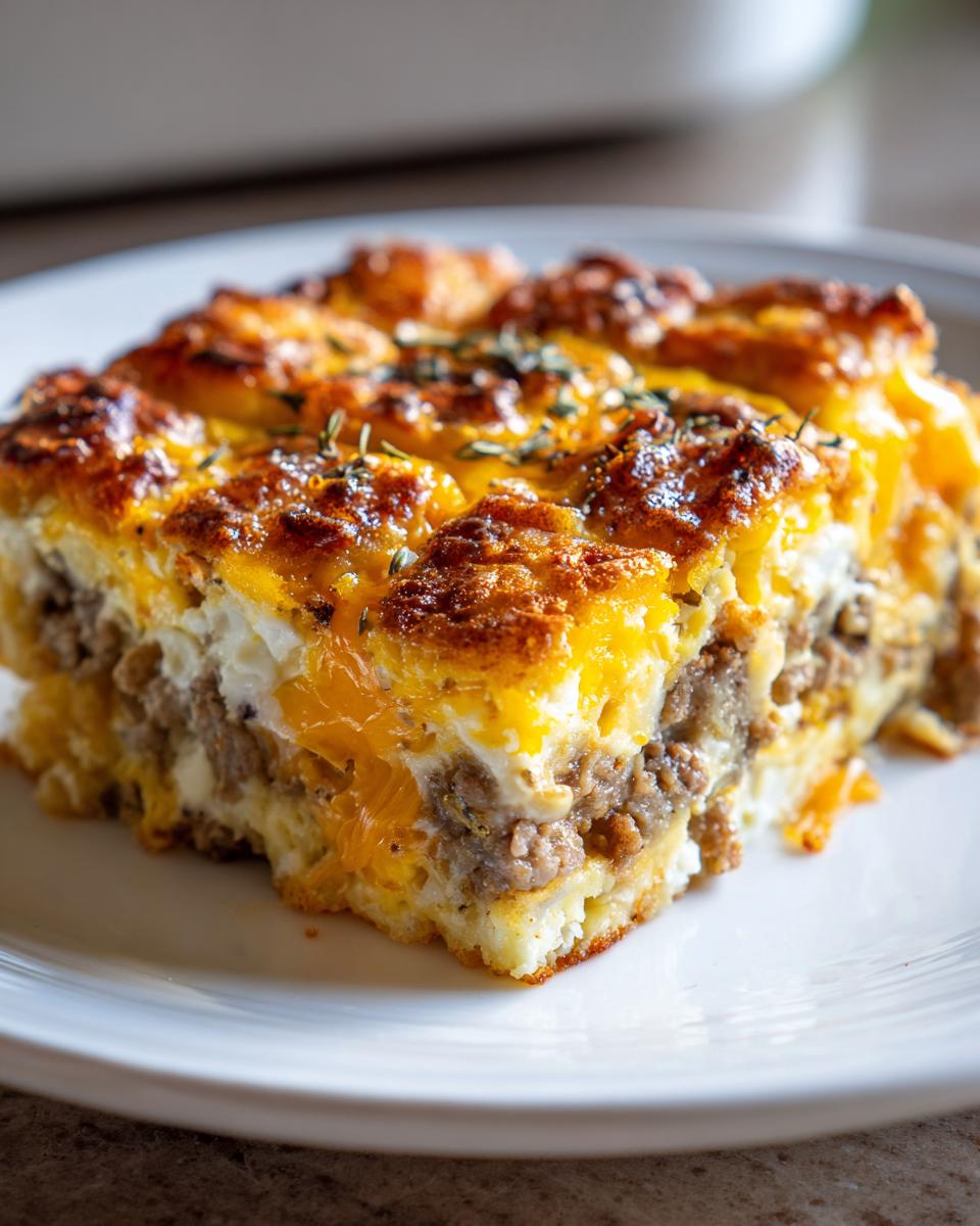 Close-up of a hearty slice of sausage and cheese egg bake on a white plate, featuring a golden-brown top.