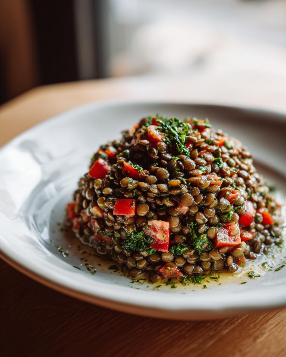 A mound of delicious lentil salad mixed with diced red tomatoes and fresh parsley, served on a white plate.