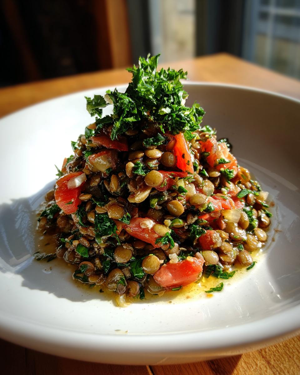 A mound of vibrant lentil salad mixed with chopped tomatoes and herbs, topped with fresh parsley.