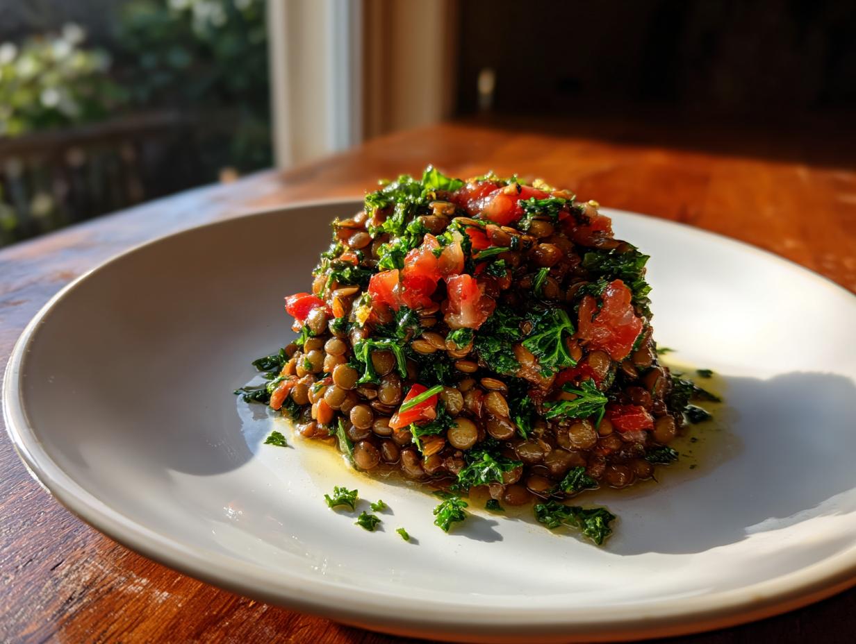 A molded serving of vibrant lentil salad mixed with chopped tomatoes and green herbs, sitting on a white plate.