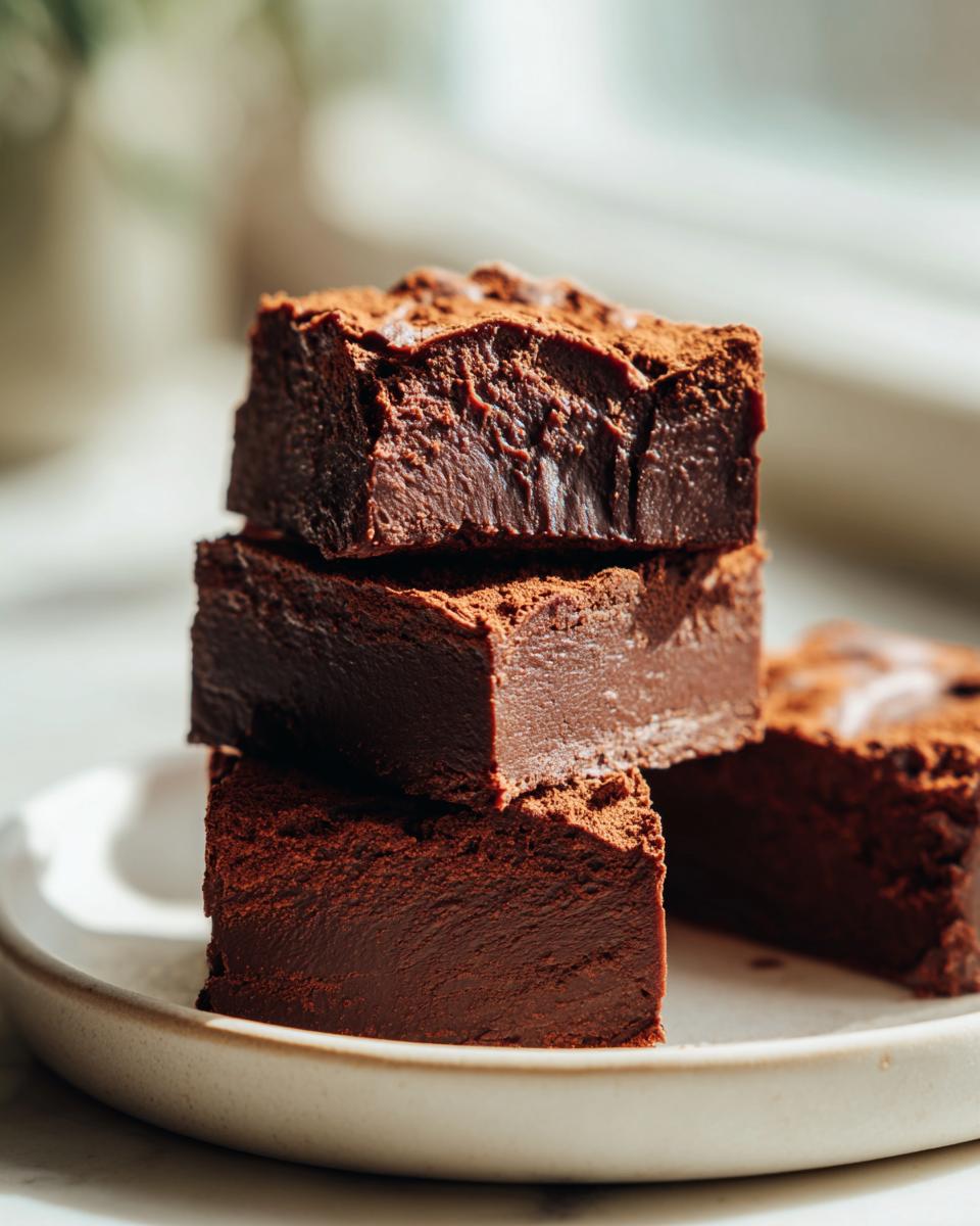 Stack of three dense, dark chocolate fudge squares dusted with cocoa powder.