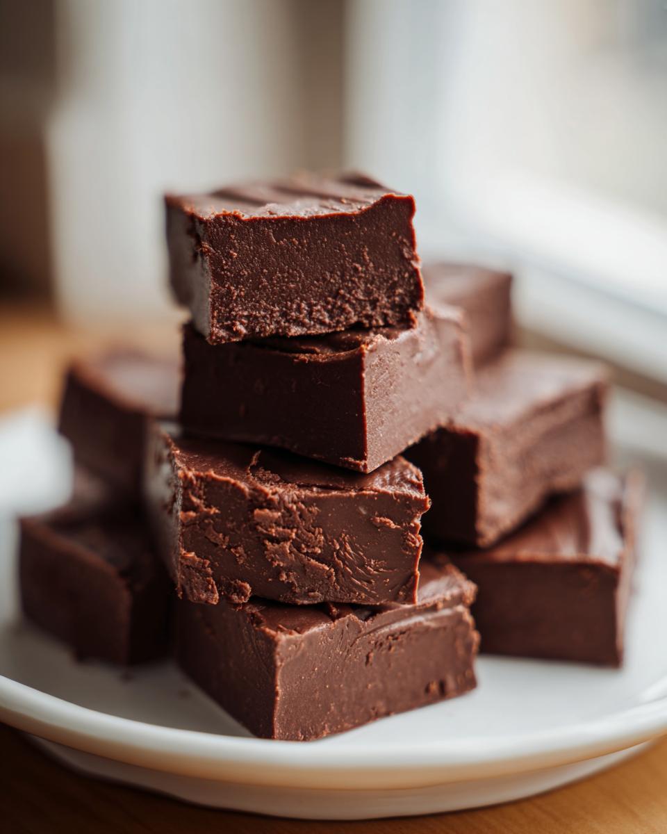 A stack of rich, dark chocolate fudge squares piled high on a white plate, showing a creamy texture.