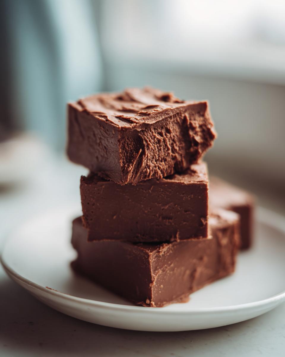 A stack of three rich, dark chocolate fudge squares sitting on a white plate.
