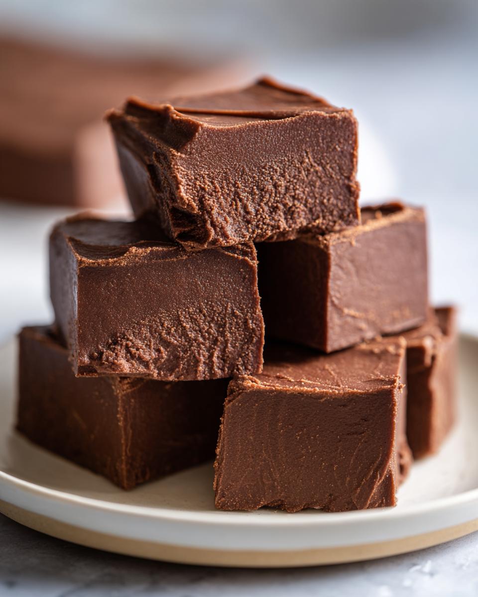 A stack of rich, dark chocolate fudge squares piled high on a small white plate.