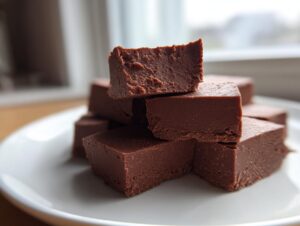 Close-up of a stack of rich, dark chocolate fudge squares on a white plate, showing the creamy texture of the fudge.